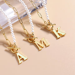Turandoss 18K Gold Initial Pearl Necklace for Women Girls, Paperclip Link Chain Necklace, Letter Choker Necklaces, Gold Jewelry for Women, 14+2Inches