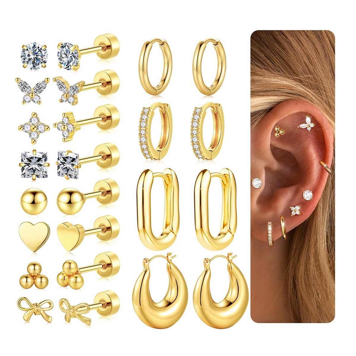 Turandoss 12Pairs Flat Back Stud Earrings Set for Women Girls, Heart Butterfly Hoop Huggie Cartilage Earring, Birthday Valentine's Day Gifts for Women
