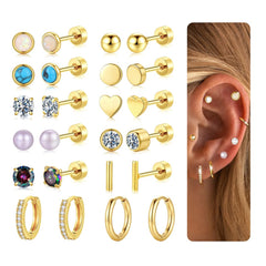 Turandoss 12Pairs Flat Back Stud Earrings Set for Women Girls, Heart CZ Pearl Hoop Huggie Cartilage Earring, Birthday Valentine's Day Gifts for Women