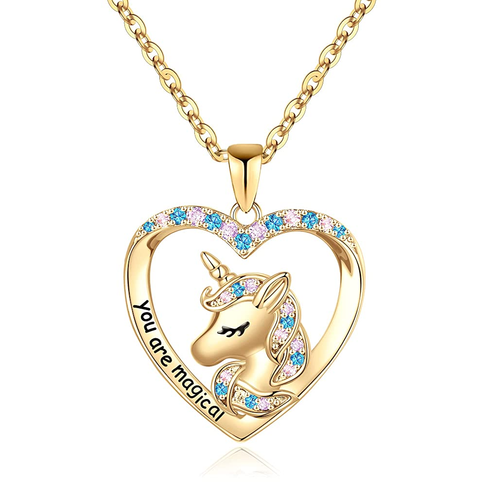 Turandoss Unicorn Heart Necklace for Girls Women, Colorful CZ Unicorn Pendant Necklaces for Kids, Birthday Gifts, Valentine's Day Gift from Mom