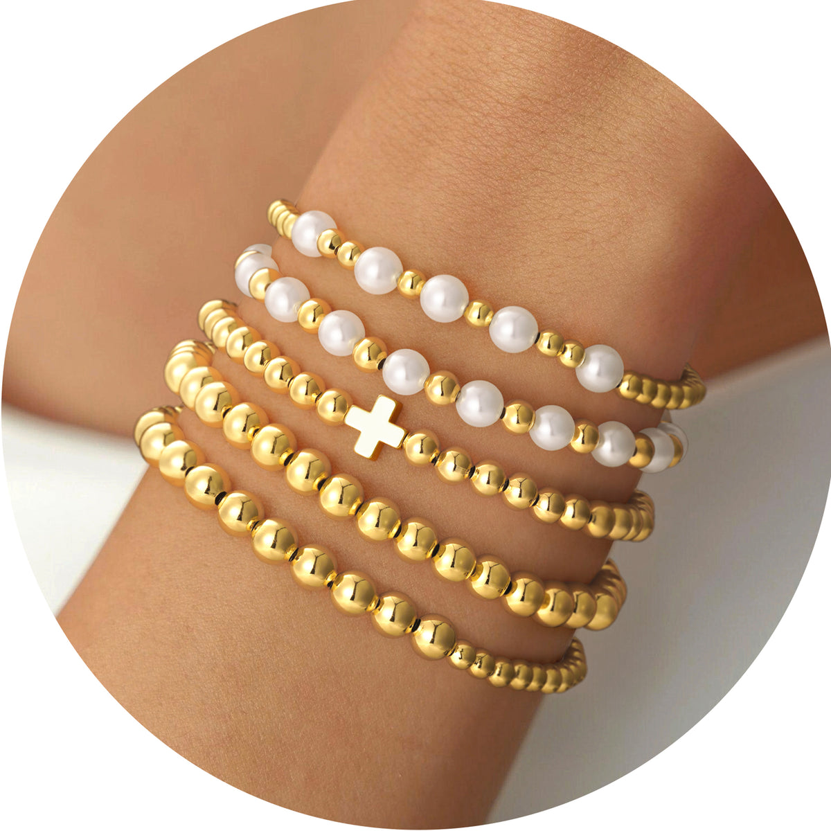 Turandoss 5PCS Gold Beaded Bracelets for Women Trendy - 18K Gold Layered Strech Bead Bracelet, Stack Bracelet, Christmas Gifts, Jewelry for Women