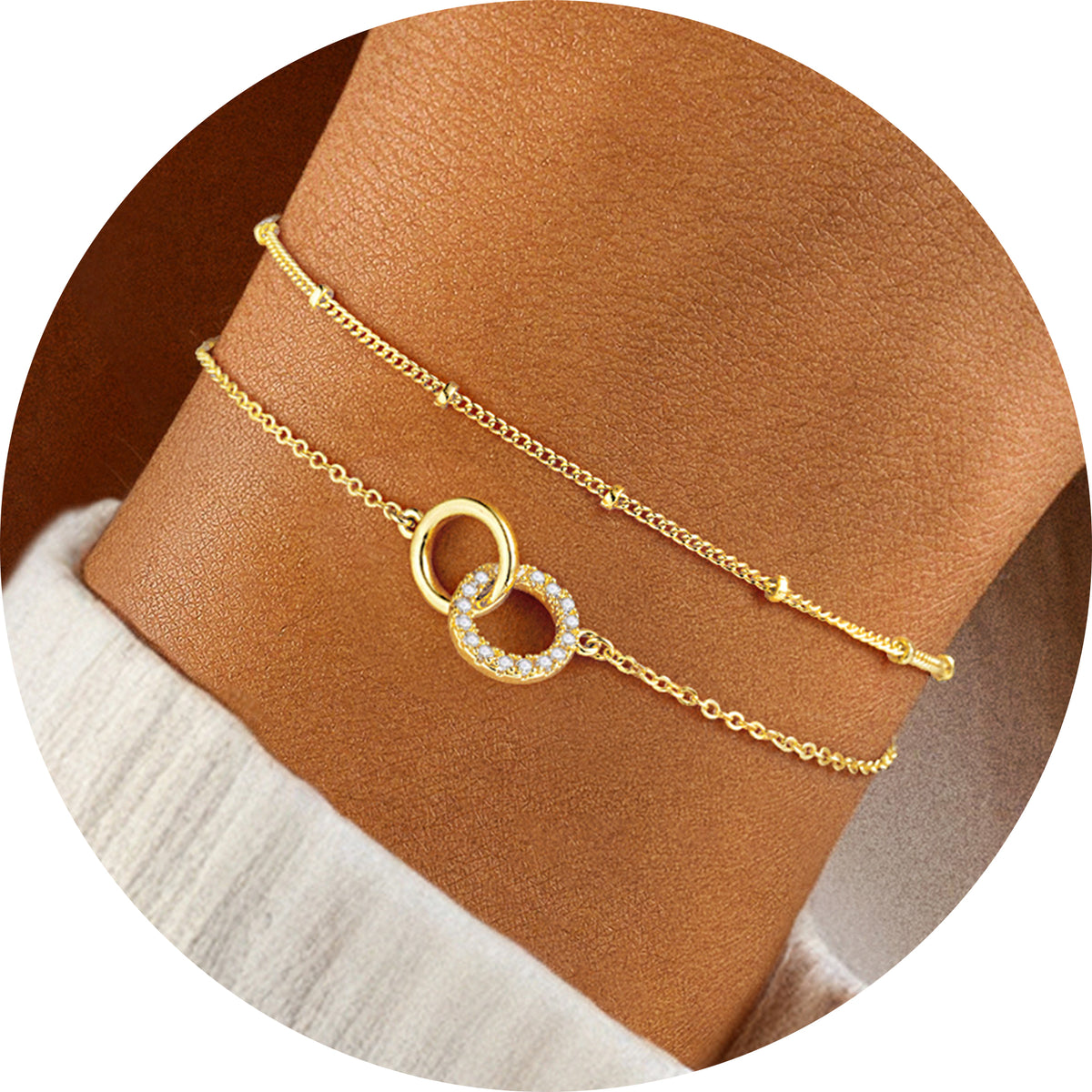 Turandoss 18K Gold Link Bracelets for Women Girls, Dainty Interlocking Circles Layered Bracelet, Birthday Gifts, Valentine's Day Gifts for Women