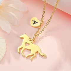 Turandoss 18K Gold Horse Necklace for Girls Women - Dainty Heart Initial Pendant Necklace, Horse Gifts for Women, Birthday Gifts for Girls, 16+2.5In A