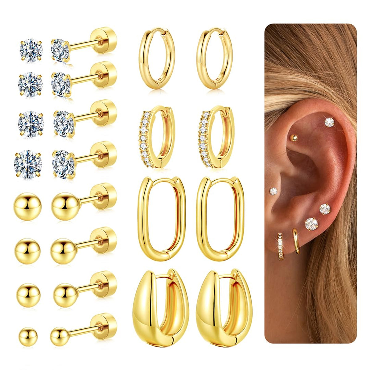 Turandoss 12Pairs Flat Back Stud Earrings Set for Women Girls, CZ Ball Hoop Huggie Cartilage Earring, Birthday Valentine's Day Gifts for Women Wife