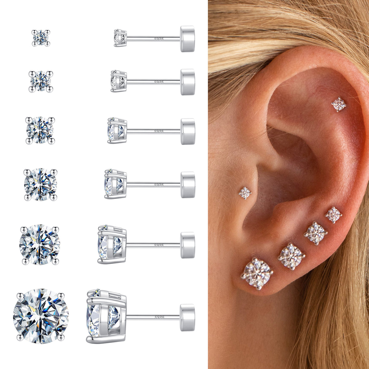 Turandoss 6Pairs Gold Silver Pearl Flat Back Stud Earrings for Women Men - Hypoallergeni Cubic Zircon Cartilage Earring for Piercing, Christmas Gifts