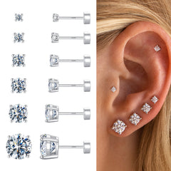 Turandoss 6Pairs Gold Silver Pearl Flat Back Stud Earrings for Women Men - Hypoallergeni Cubic Zircon Cartilage Earring for Piercing, Christmas Gifts