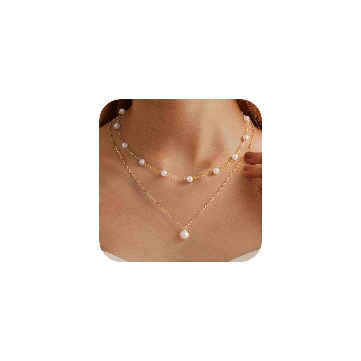 Turandoss Pearl Necklace for Women Trendy, Dainty 18K Gold Layered Pendant Necklace, Bride Bridesmaid Gifts Wedding Birthday, 15+2.5/17+2.5In