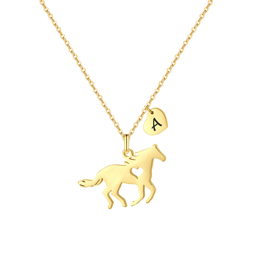 Turandoss 18K Gold Horse Necklace for Girls Women - Dainty Heart Initial Pendant Necklace, Horse Gifts for Women, Birthday Gifts for Girls, 16+2.5In A