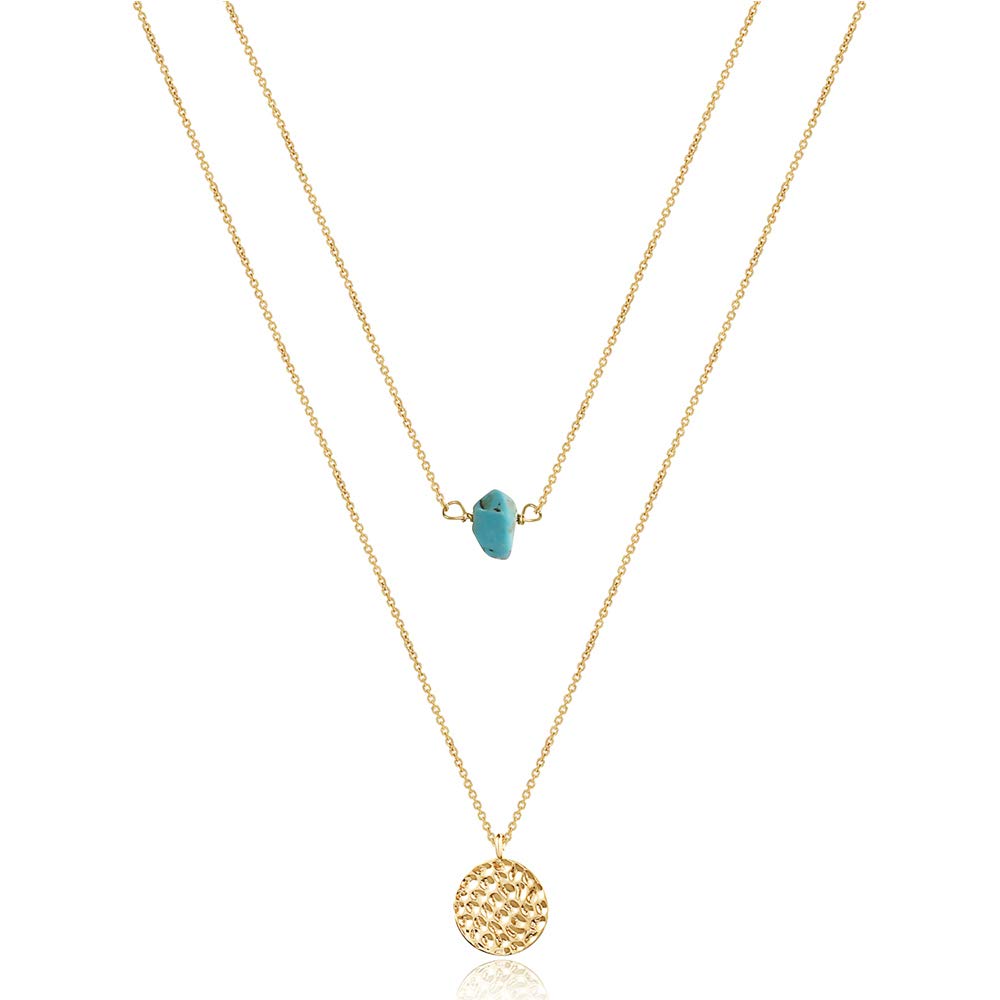 2PCS Blue Turquoise&Hammered Disc Dainty Layered Choker Necklace