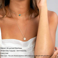 2PCS Blue Turquoise&Hammered Disc Dainty Layered Choker Necklace
