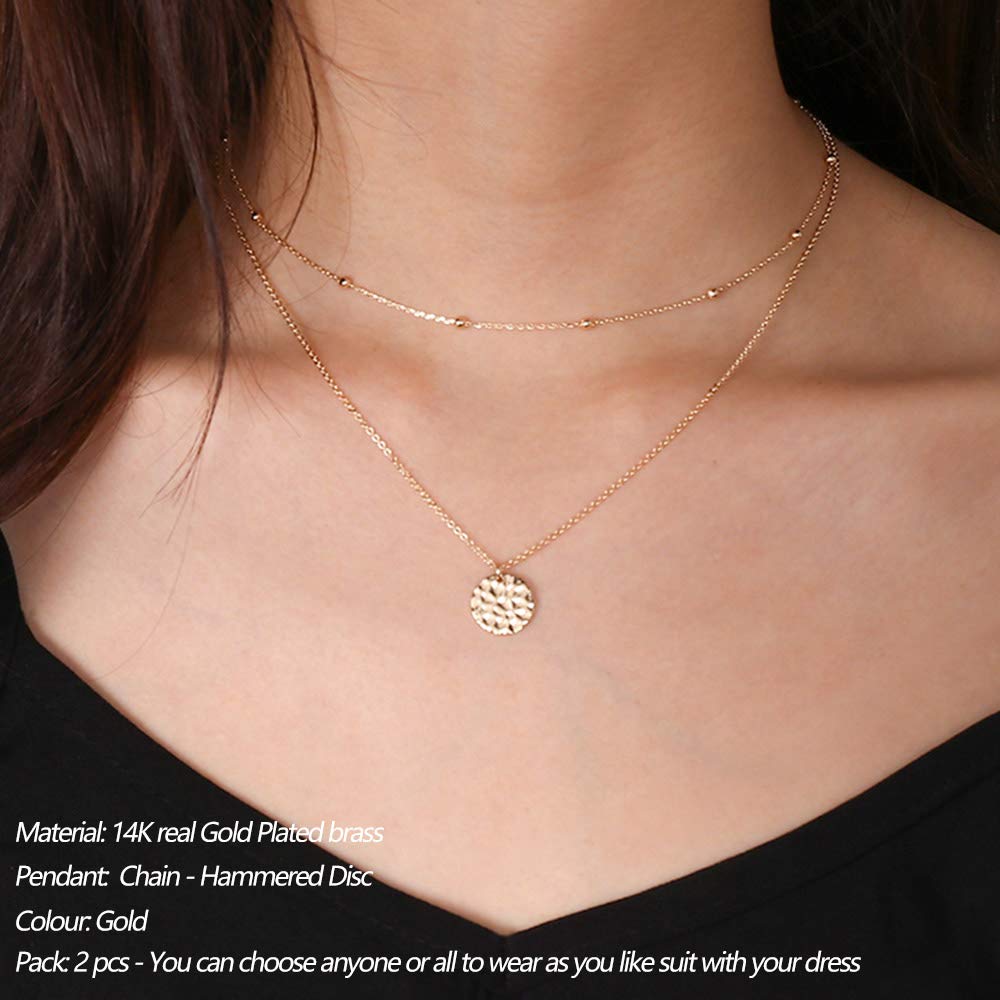 2PCS  Chain&Hammered Disc Dainty Layered Choker Necklace