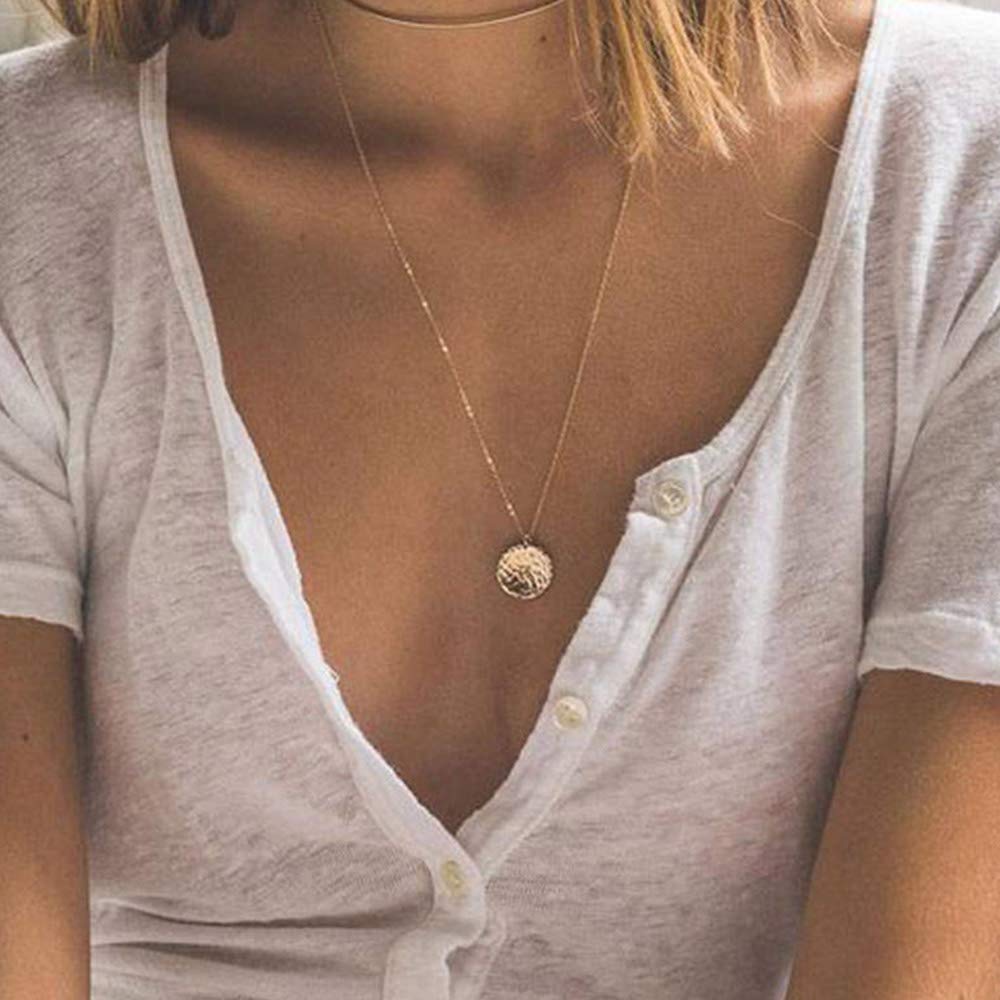 2PCS  Chain&Hammered Disc Dainty Layered Choker Necklace