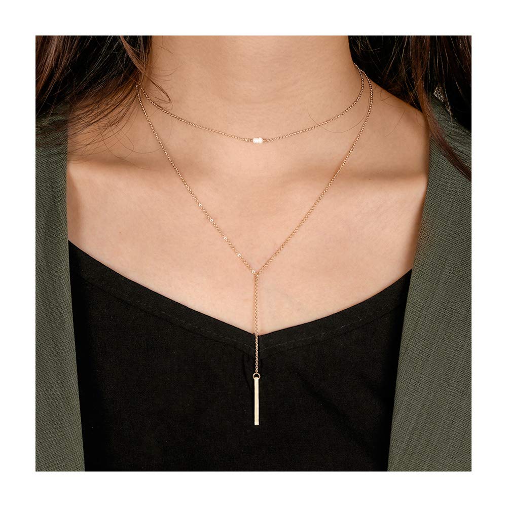 2PCS Pearls&Bar Dainty Layered Choker Necklace