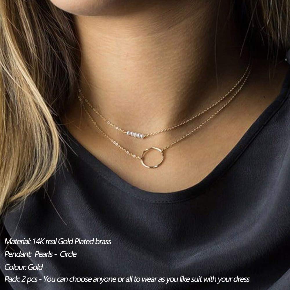 2PCS Pearls&Circle Dainty Layered Choker Necklace