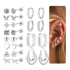 Turandoss 12Pairs Flat Back Stud Earrings Set for Women Girls, Heart Butterfly Hoop Huggie Cartilage Earring, Birthday Valentine's Day Gifts for Women