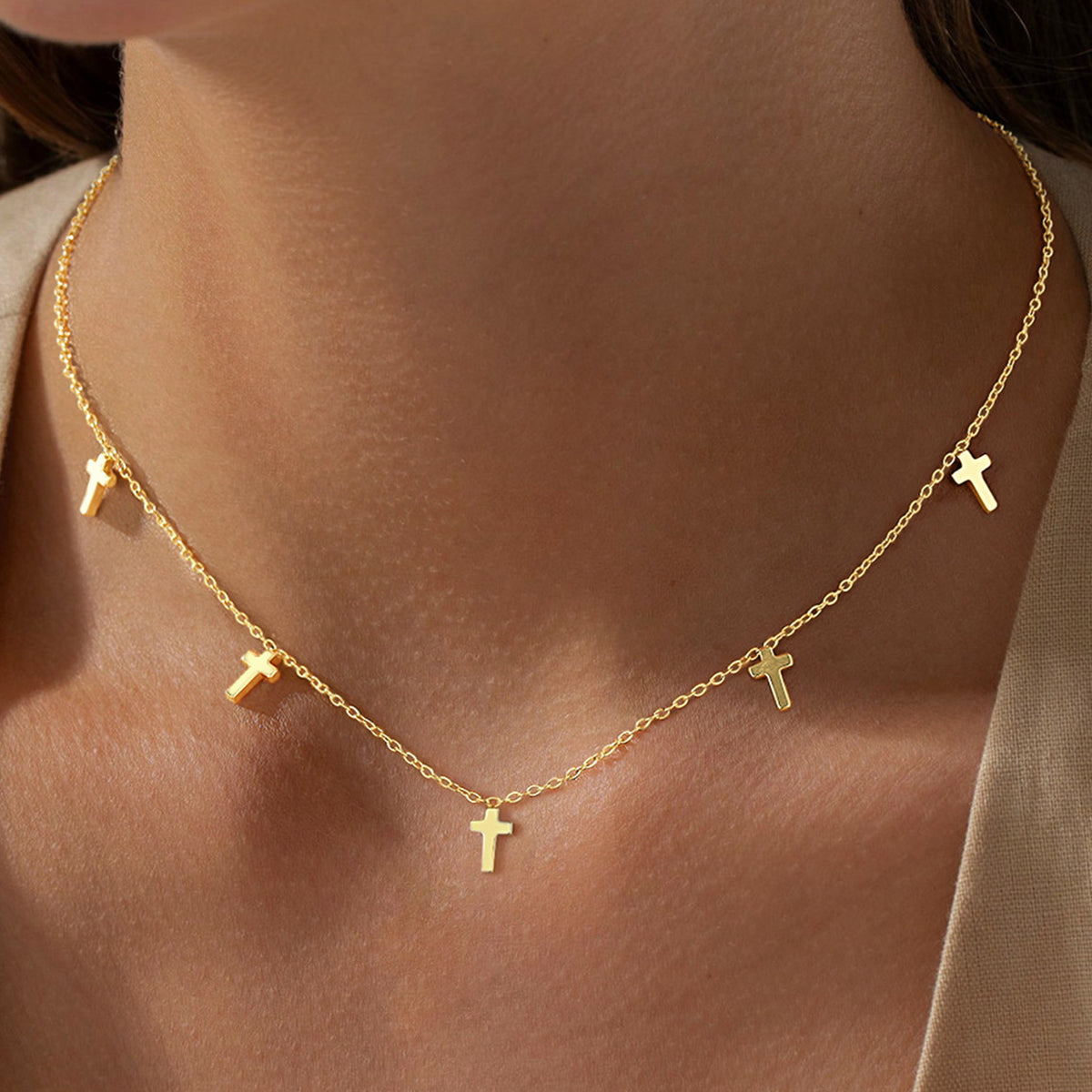 Turandoss Gold Cross Necklace for Women Girls - Dainty Gold Plated Choker Necklace for Women Non Tarnish, Christian Religious Jewelry Gift, 15+2.5In