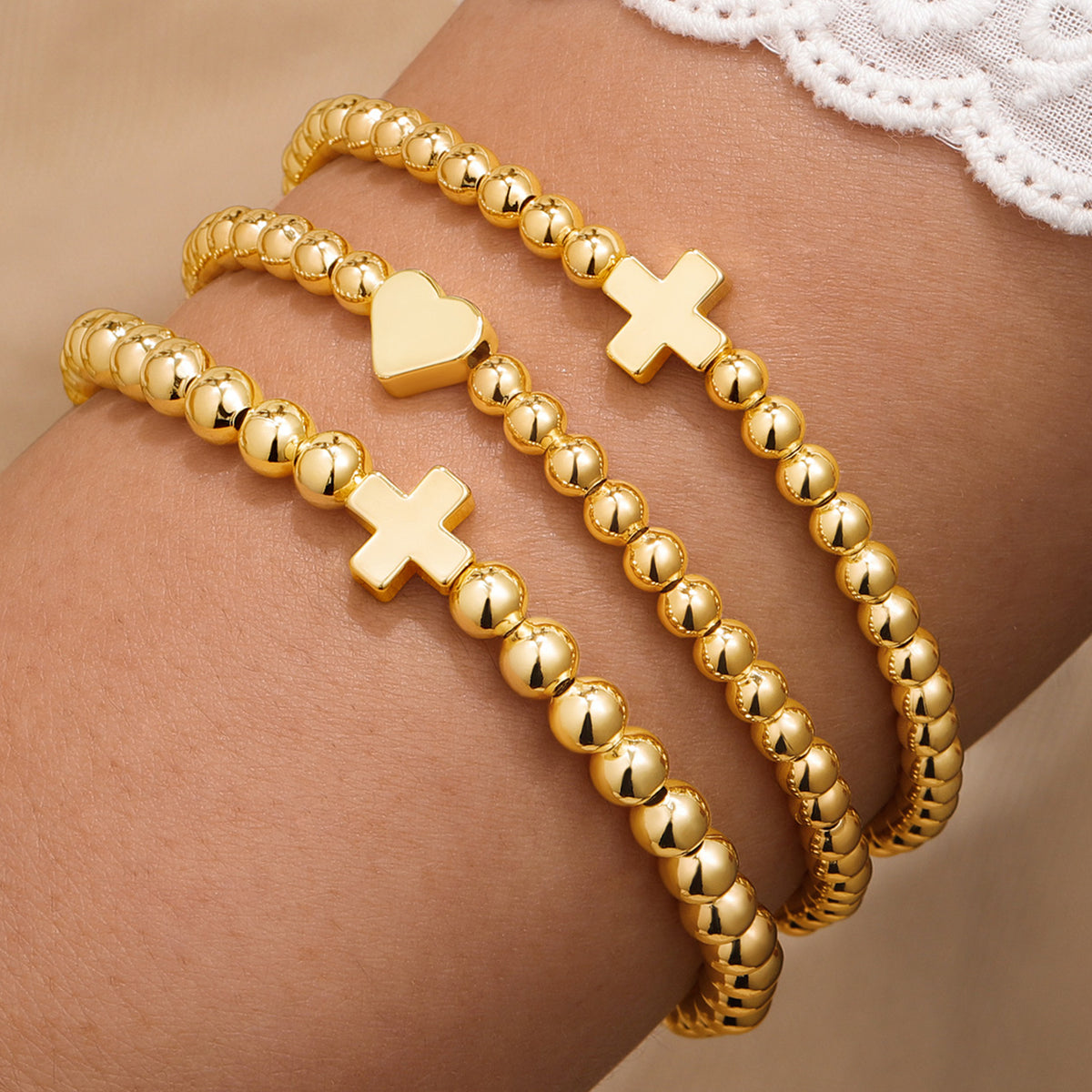 Turandoss 18K Gold Beaded Bracelets for Women, Dainty Pearl Bead Ball Stretch Stack Bracelet Set, Birthday Gift, Valentine's Day Gifts for Women