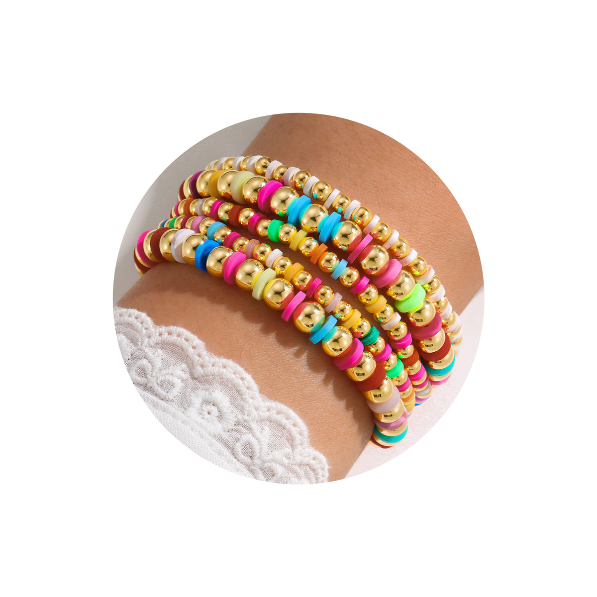 Turandoss Gold Beaded Bracelets for Girls Women, 18K Gold Bead Bracelet Stack for Kids, Colorful Layered Pearl Bracelet Set, Christmas Gifts for Girls