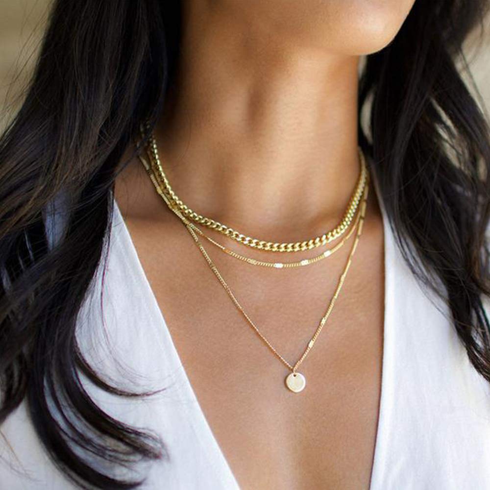 3 Layered Necklace - Thick&Chain&Disc Layered Necklaces for Women