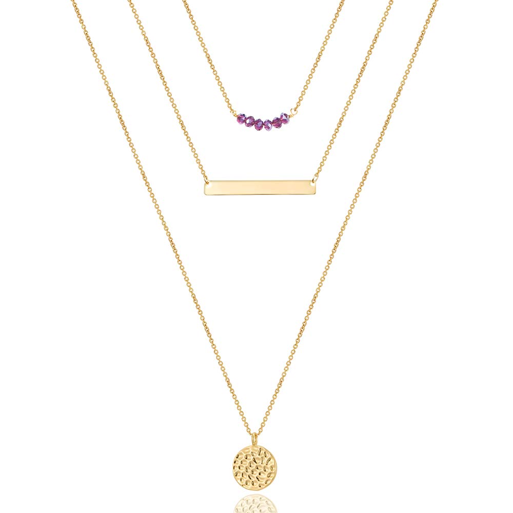 3PCS Amethyst&Bar&Hammered Disc Dainty Layered Choker Necklace