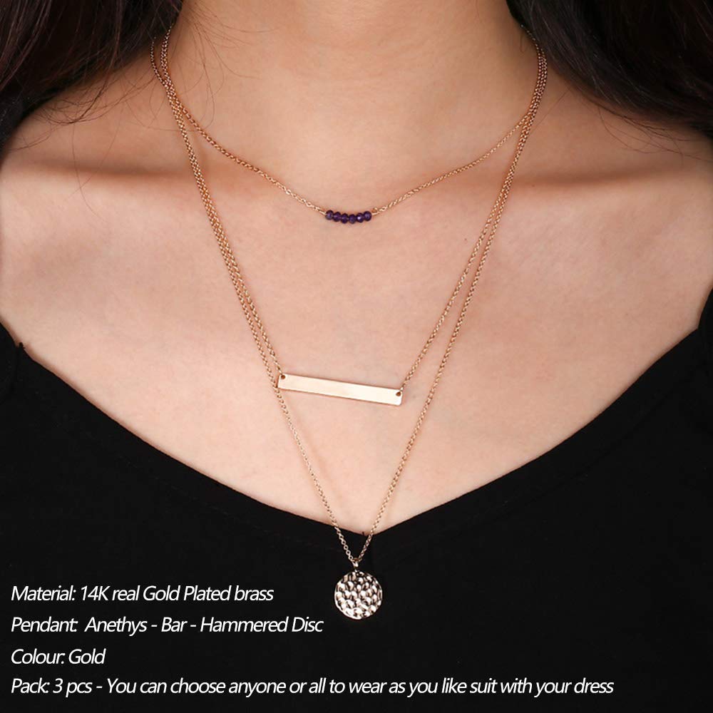 3PCS Amethyst&Bar&Hammered Disc Dainty Layered Choker Necklace