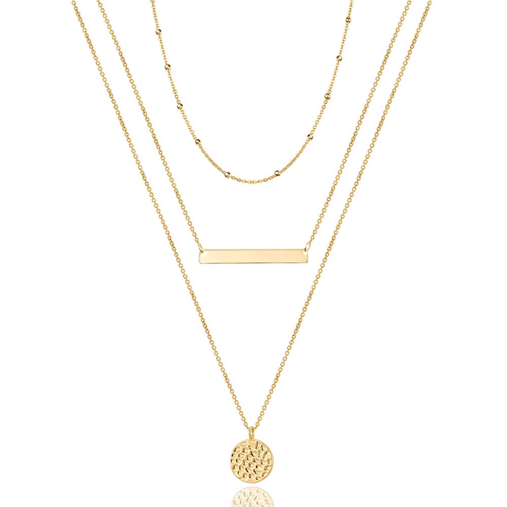 3PCS Chain&Bar&Hammered Disc Dainty Layered Choker Necklace