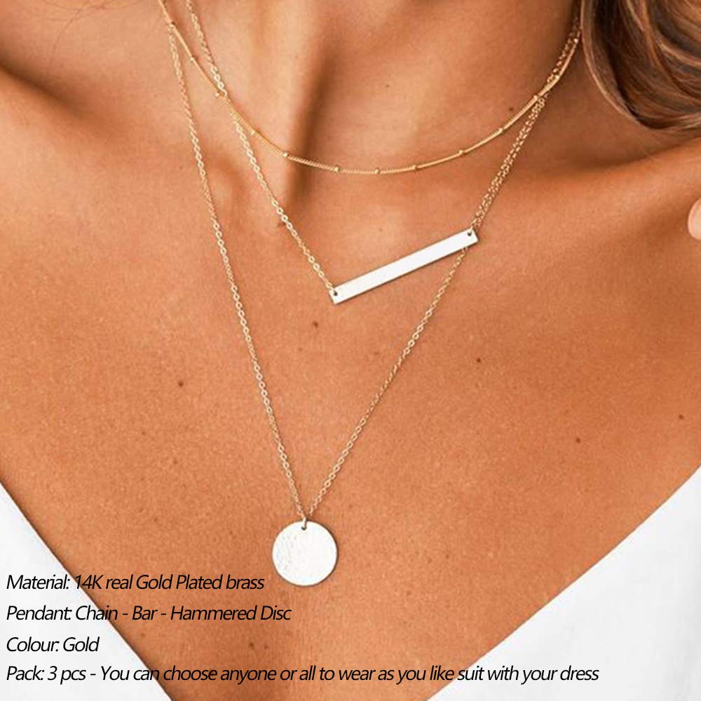 3PCS Chain&Bar&Hammered Disc Dainty Layered Choker Necklace