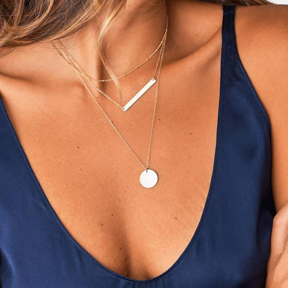 3PCS Chain&Bar&Hammered Disc Dainty Layered Choker Necklace