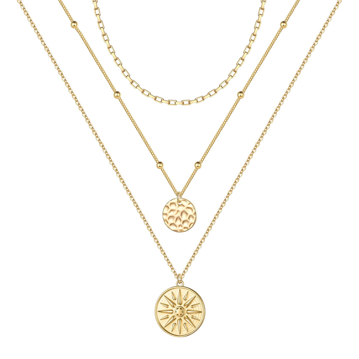 3PCS - Chain&Hammered Disc&Sun Layered Necklaces for Women