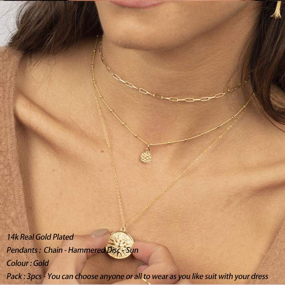3PCS - Chain&Hammered Disc&Sun Layered Necklaces for Women