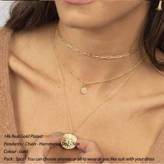 3PCS - Chain&Hammered Disc&Sun Layered Necklaces for Women