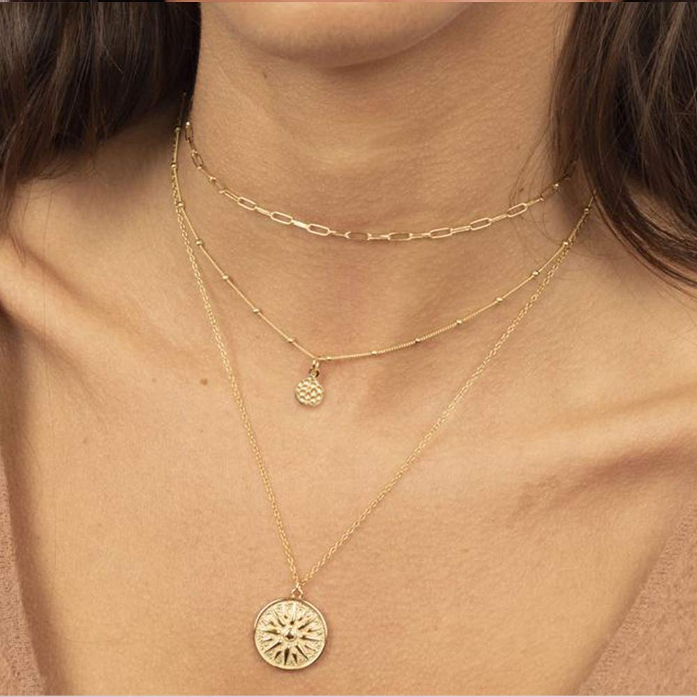 3PCS - Chain&Hammered Disc&Sun Layered Necklaces for Women