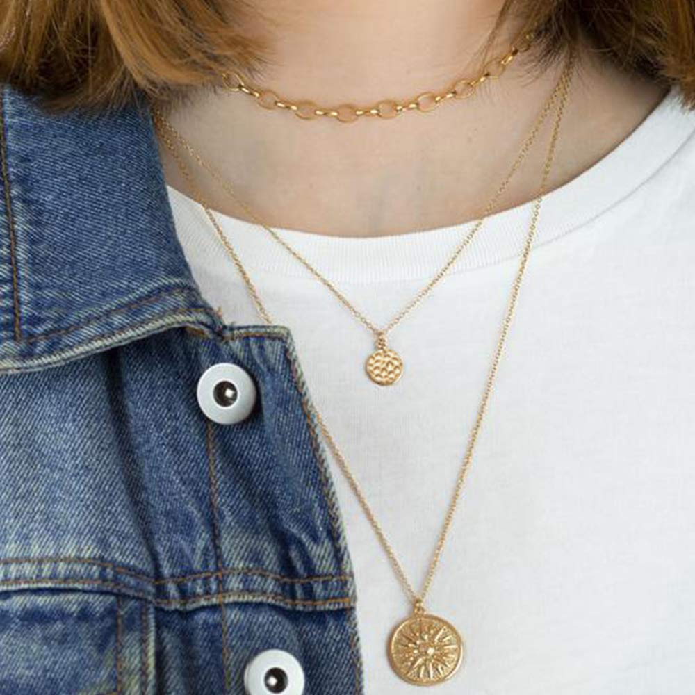 3PCS - Chain&Hammered Disc&Sun Layered Necklaces for Women