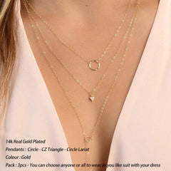 3PCS - Circle&CZ Triangle&Circle Lariat Layered Necklaces for Women