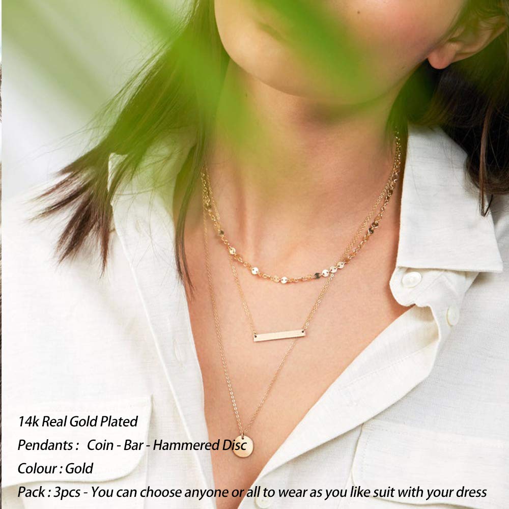 3PCS - Coin&Bar&Hammered Disc Layered Necklaces for Women