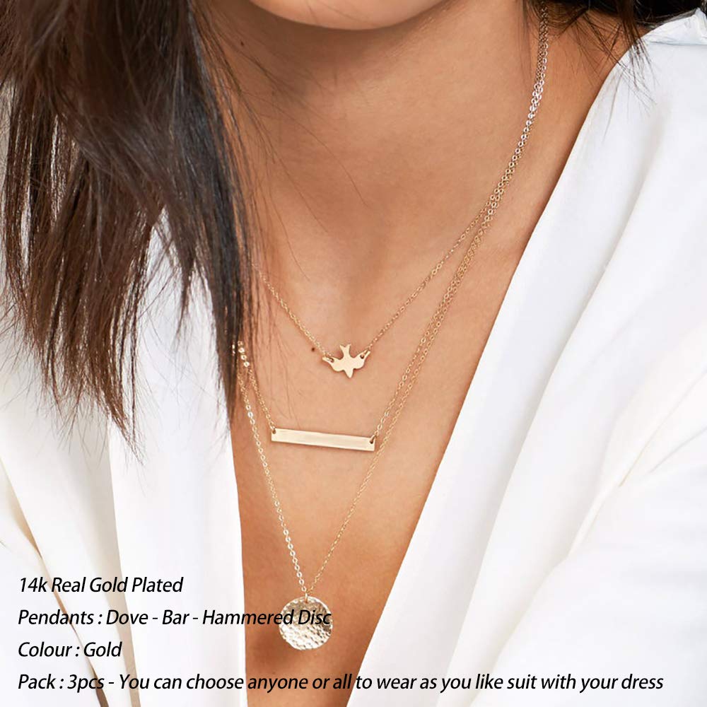 3PCS - Dove&Bar&Hammered Disc Gold Layered Necklaces for Women