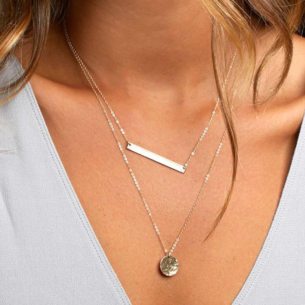 3PCS - Dove&Bar&Hammered Disc Gold Layered Necklaces for Women