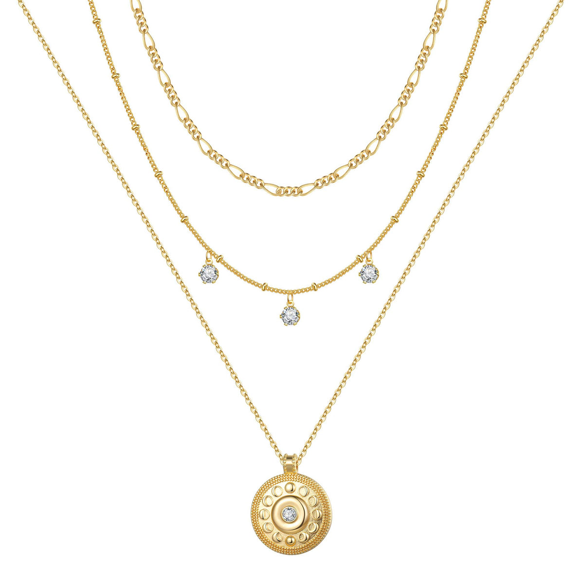 3PCS - Figaro&CZ&Medallion Layered Necklaces for Women