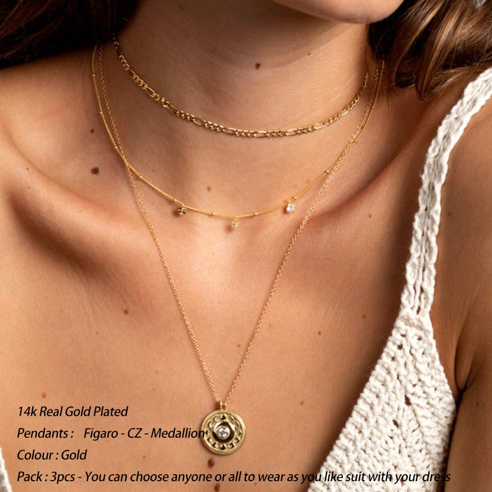 3PCS - Figaro&CZ&Medallion Layered Necklaces for Women