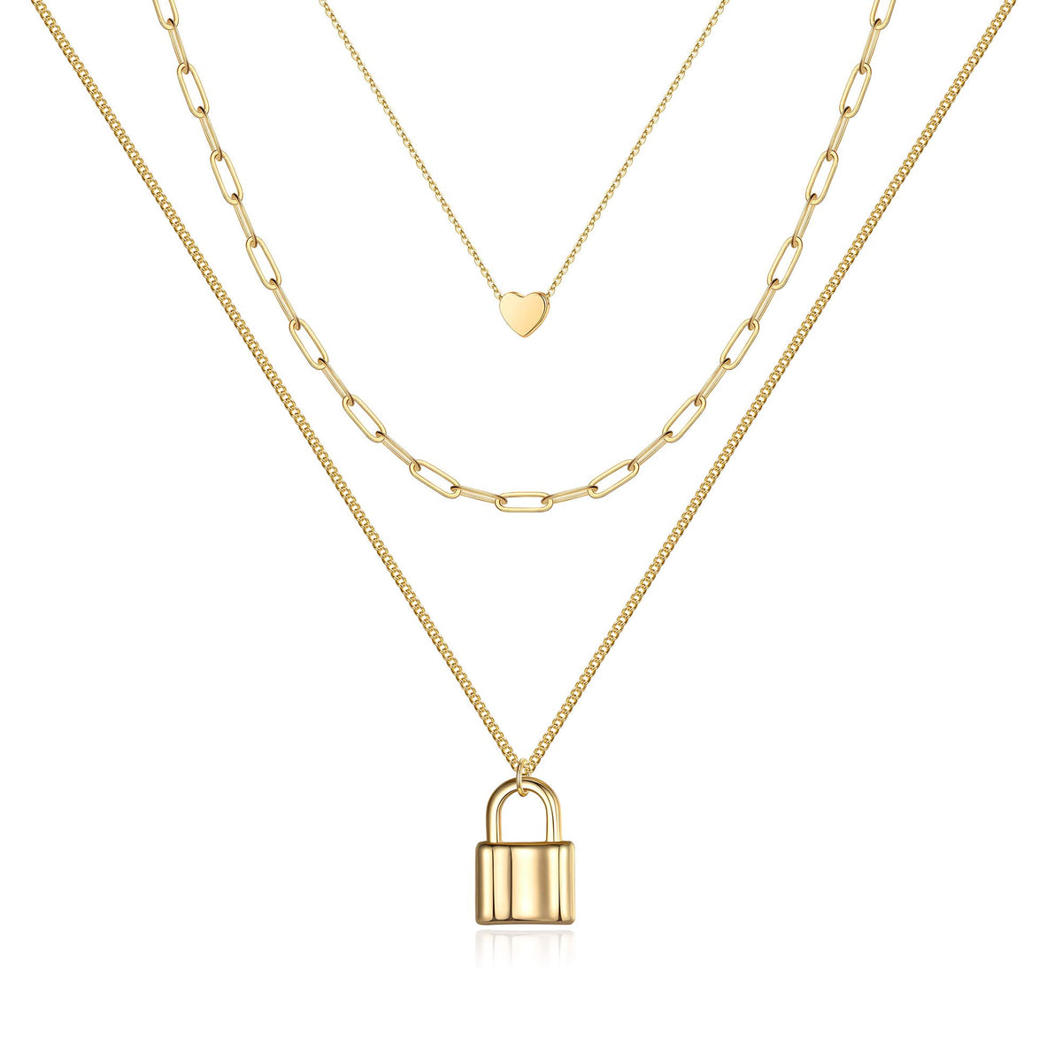 3PCS Gold Heart&Link Chain&Lock Dainty Layered Choker Necklace
