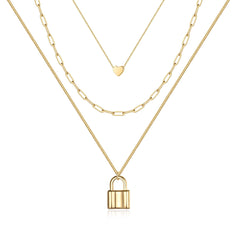 3PCS Gold Heart&Link Chain&Lock Dainty Layered Choker Necklace