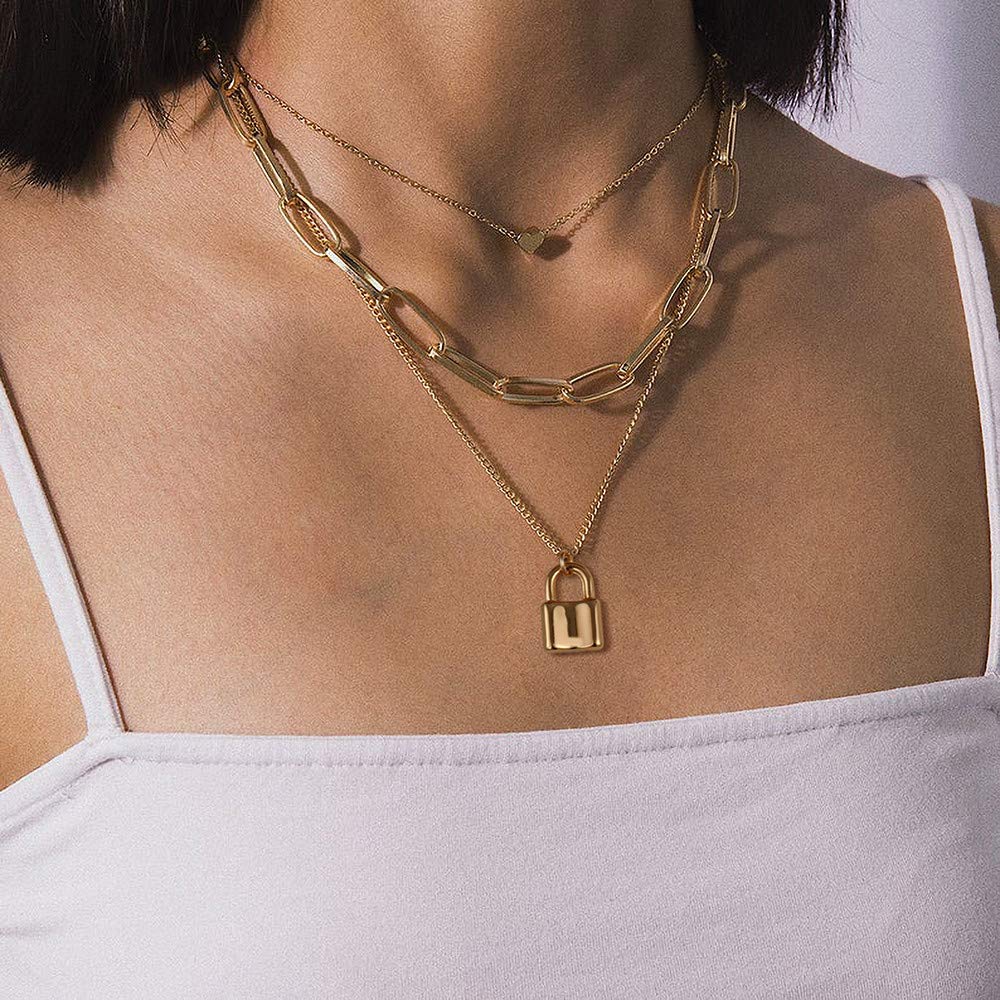 3PCS Gold Heart&Link Chain&Lock Dainty Layered Choker Necklace