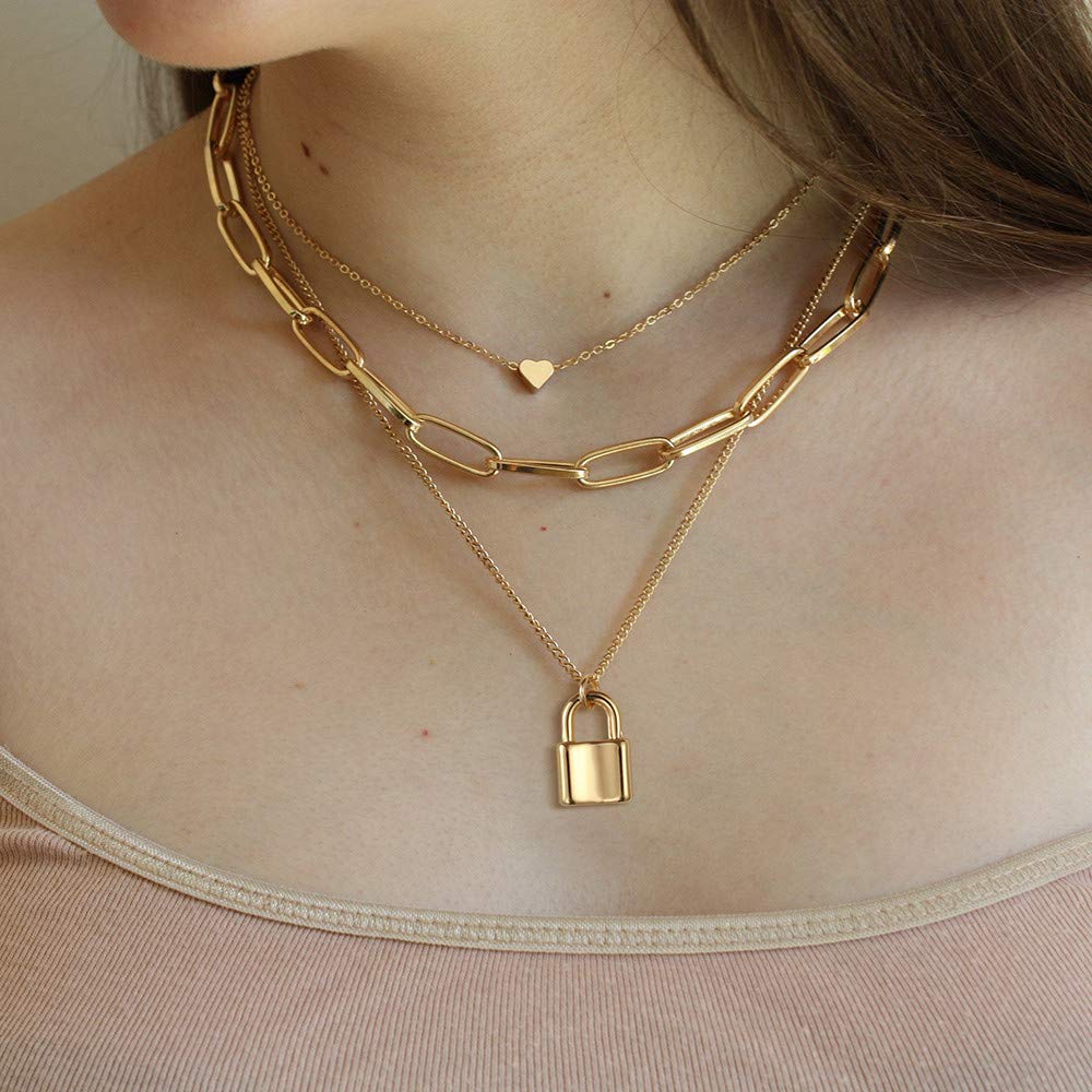 3PCS Gold Heart&Link Chain&Lock Dainty Layered Choker Necklace