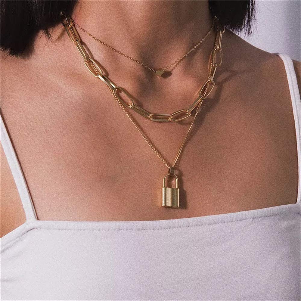 3PCS Gold Heart&Link Chain&Lock Dainty Layered Choker Necklace
