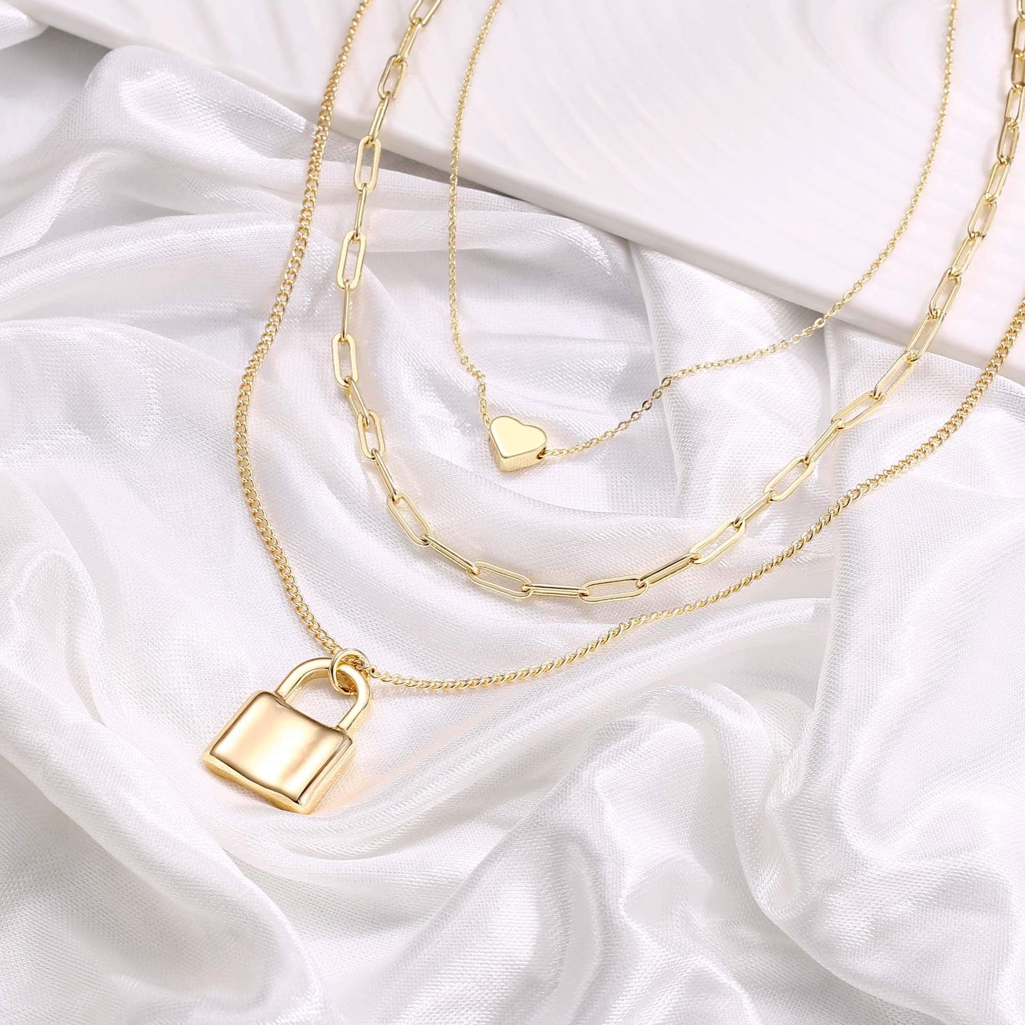 3PCS Gold Heart&Link Chain&Lock Dainty Layered Choker Necklace