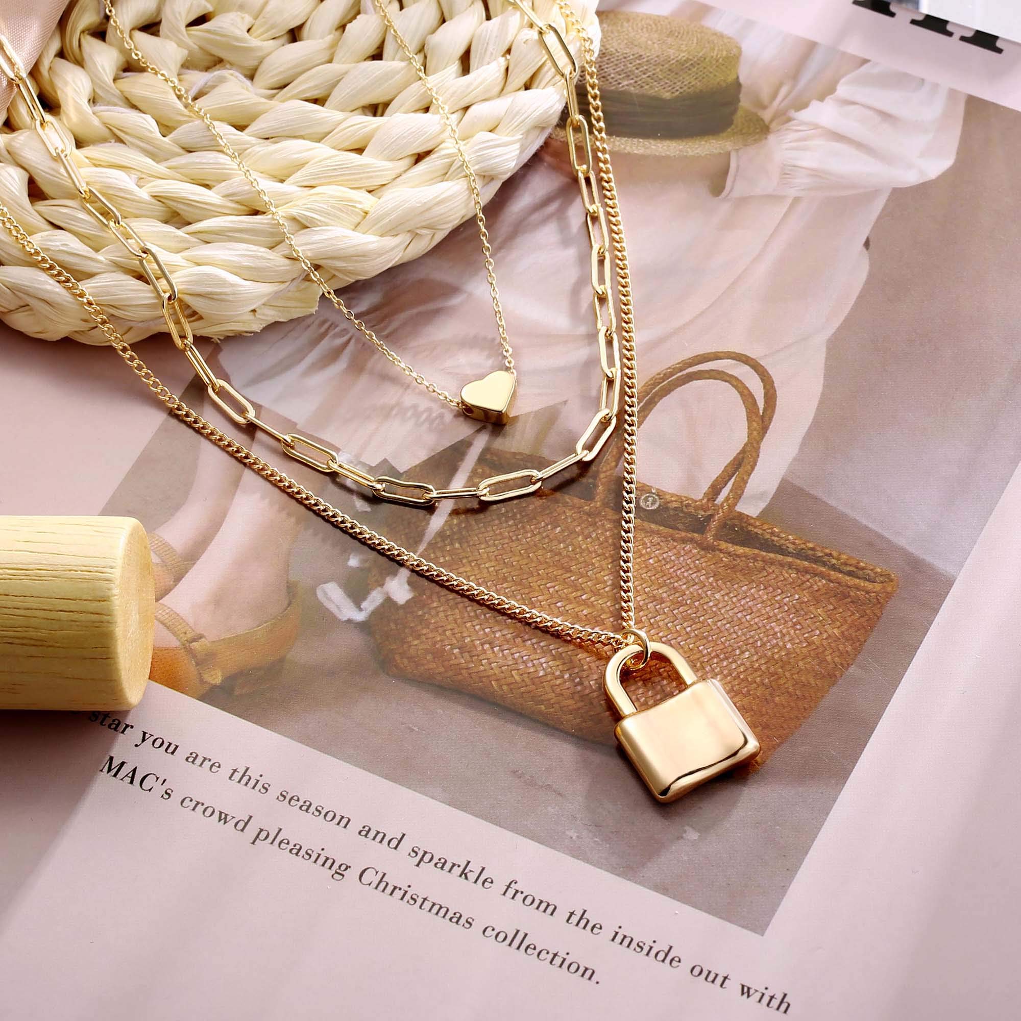 3PCS Gold Heart&Link Chain&Lock Dainty Layered Choker Necklace