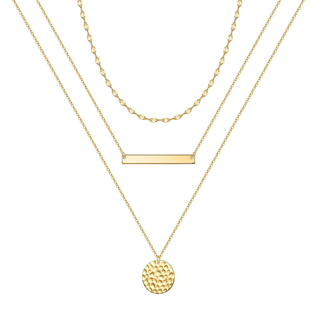 3PCS - Link Chain&Bar&Hammered Disc Layered Necklaces for Women