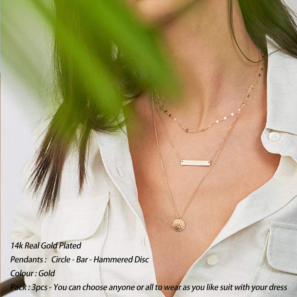 3PCS - Link Chain&Bar&Hammered Disc Layered Necklaces for Women