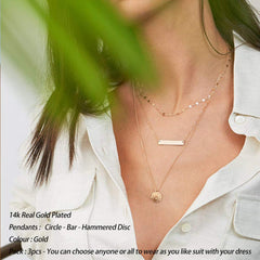 3PCS - Link Chain&Bar&Hammered Disc Layered Necklaces for Women