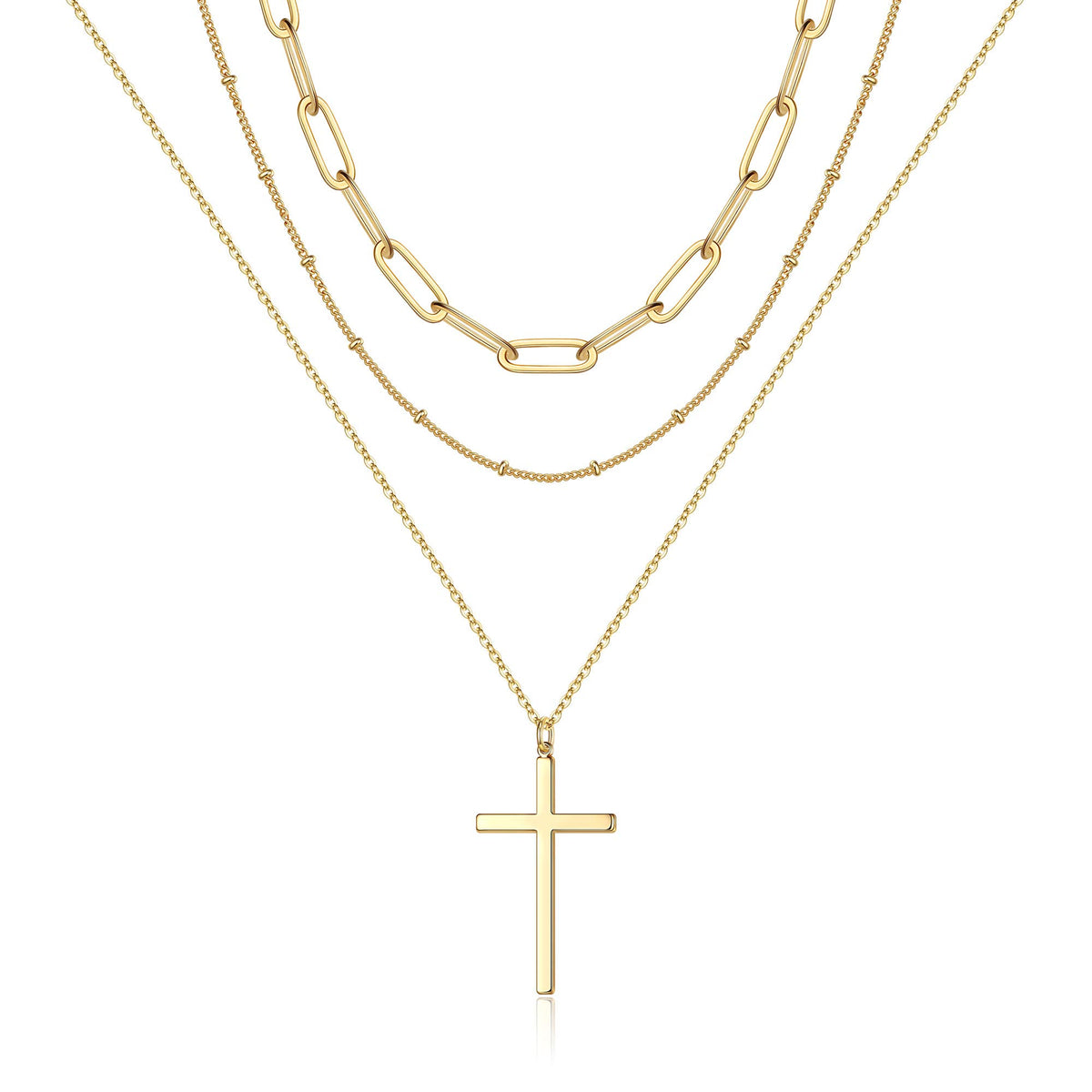 3PCS Link Chain&Beads Chain&Cross Dainty Layered Choker Necklace